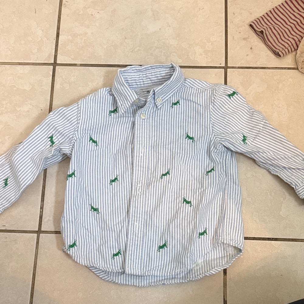 Ralph Lauren Blue Striped Kids Shirt with Green Dinosaur Embroidery